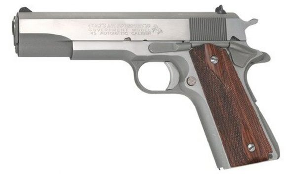 Colt Series 70 Govt 1911 45 ACP 5" Barrel, Double Diamond Rosewood Grip Brushed SS, 7rd