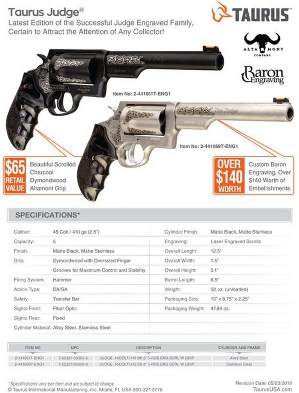 Taurus Judge Engraved 410 Ga/45 Colt, 6.5" Barrel, Dymondwood Grip, Stainless, 5rd - Image 2