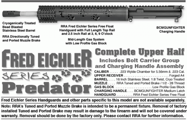 Rock River LAR-15 Fred Eichler Series Predator Upper 5.56/223 16" SS Barrel, BCG & CH